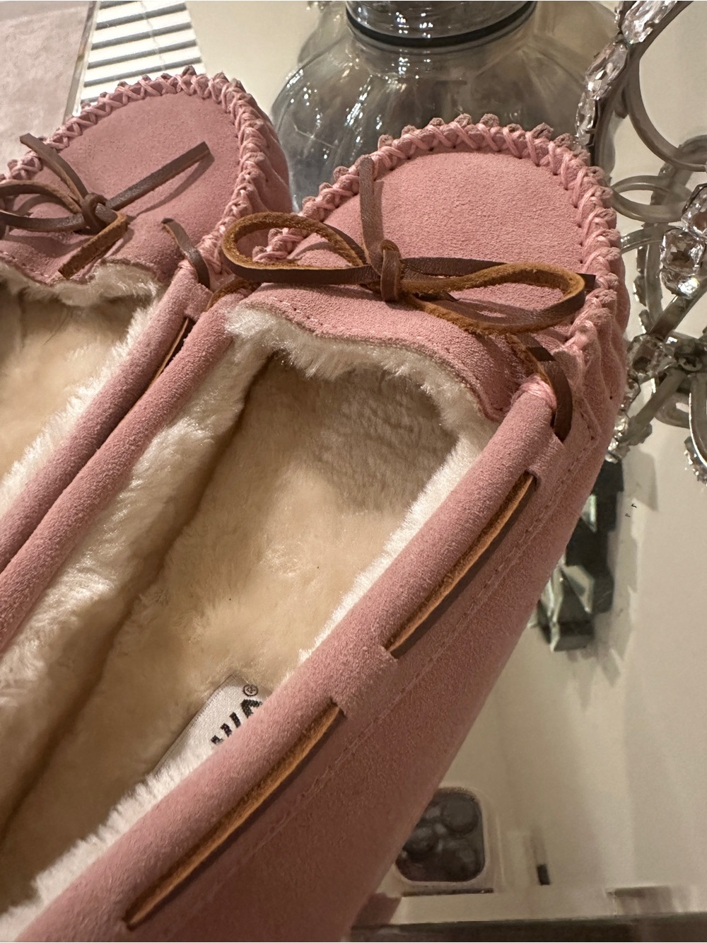 Minnetonka Pink Faux-Suede Fur-Lined Moccasins with Bow